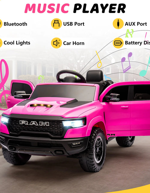 Load image into Gallery viewer, Dodge RAM Ride on Car, 12V Powered Ride on Toy with Remote Control, 4 Wheel Suspension, 5 Point Safety Belt, MP3 Player, Bluetooth, LED Lights, Electric Cars for 3-8 Years Boys Girls
