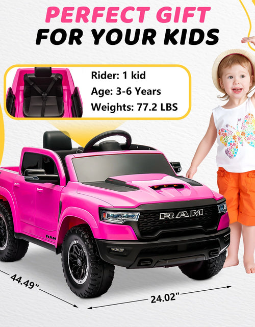 Load image into Gallery viewer, Dodge RAM Ride on Car, 12V Powered Ride on Toy with Remote Control, 4 Wheel Suspension, 5 Point Safety Belt, MP3 Player, Bluetooth, LED Lights, Electric Cars for 3-8 Years Boys Girls
