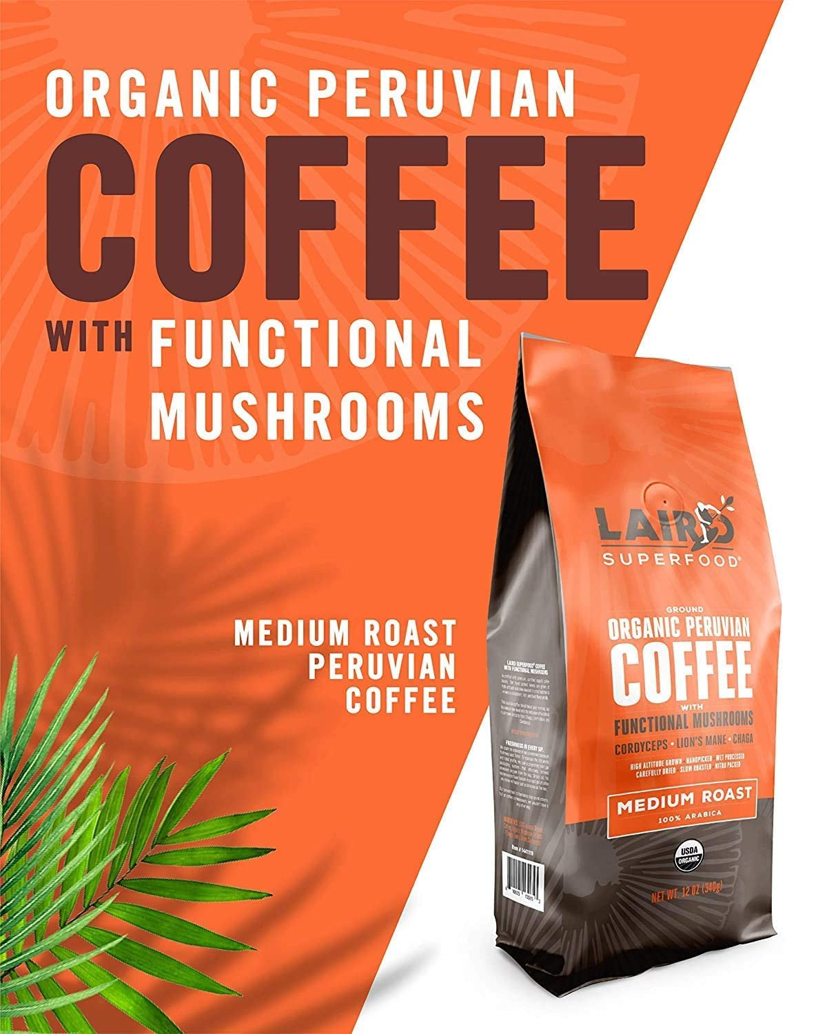 Peruvian Medium Roast Coffee with Functional Mushrooms, Certified Organic Peruvian Ground Coffee Beans, Gluten-Free, Dairy-Free, Non-Gmo, Paleo, Keto Friendly, 12 Oz. Bag