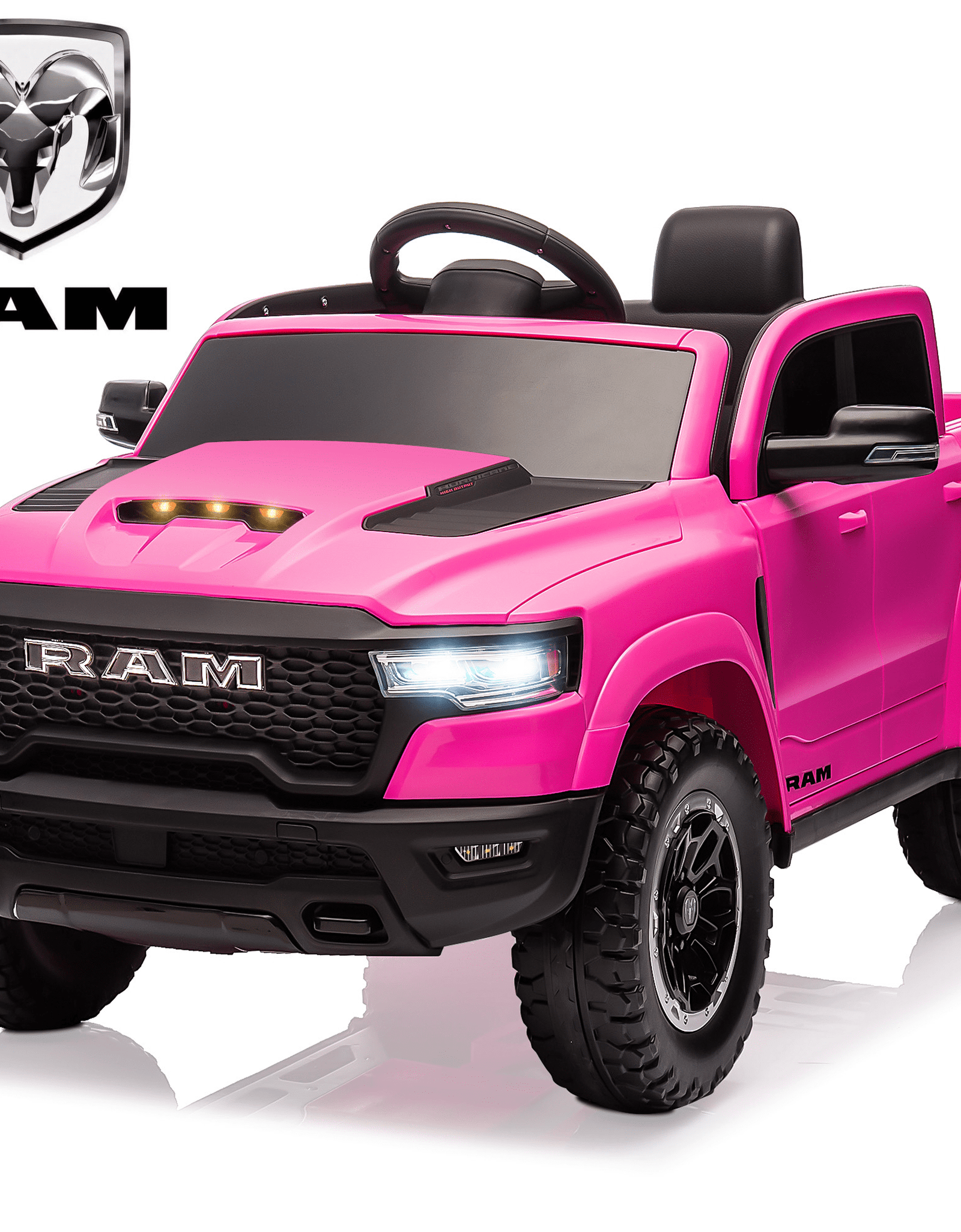 Dodge RAM Ride on Car, 12V Powered Ride on Toy with Remote Control, 4 Wheel Suspension, 5 Point Safety Belt, MP3 Player, Bluetooth, LED Lights, Electric Cars for 3-8 Years Boys Girls