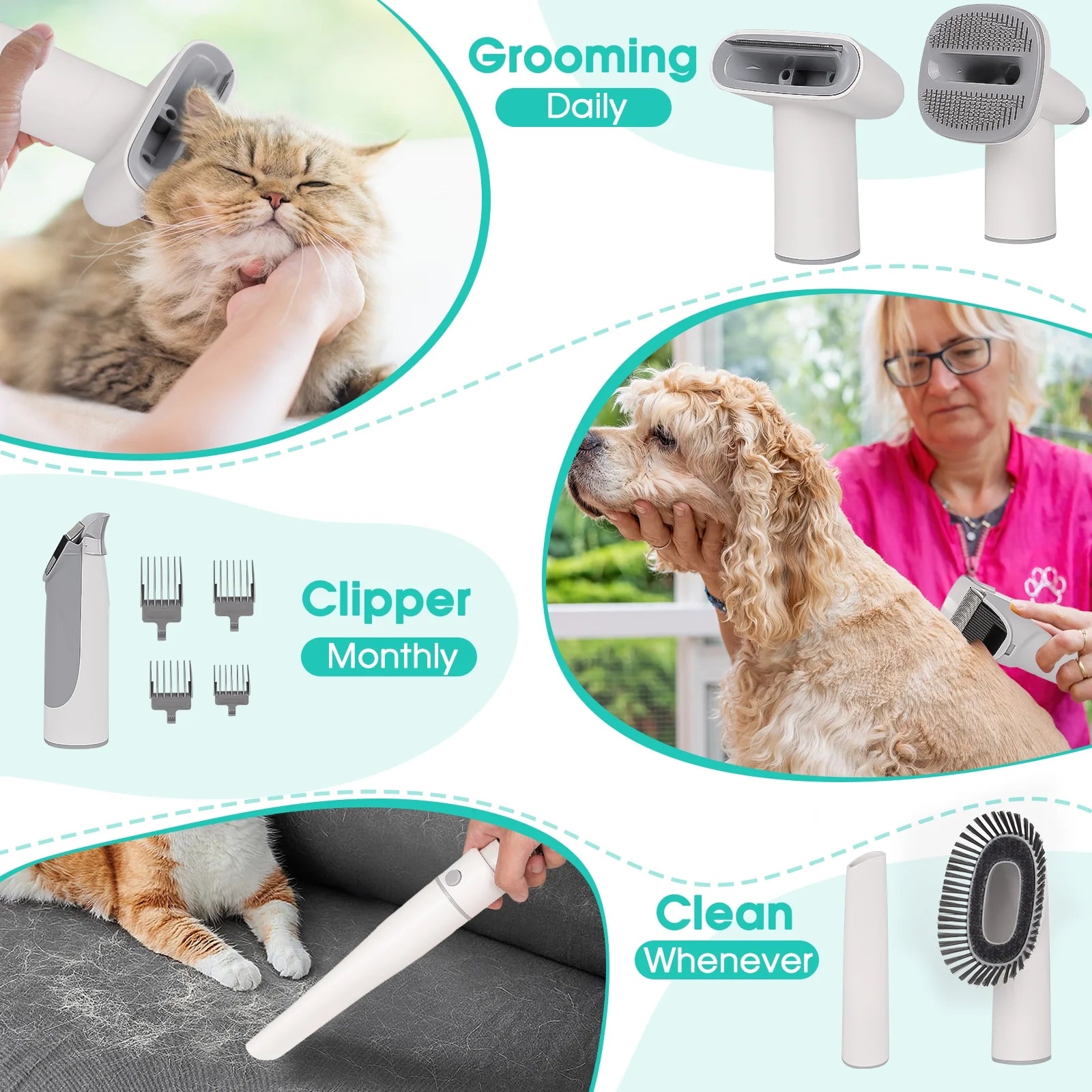 Pet Grooming Kit & Vacuum, 11Kpa Low Noise Pet Groomer Vacuum Suction with 3 Suction Mode, 5 in 1 Dog Vacuum, 2.5L Dustbin for Dogs, Cats and Other Animals