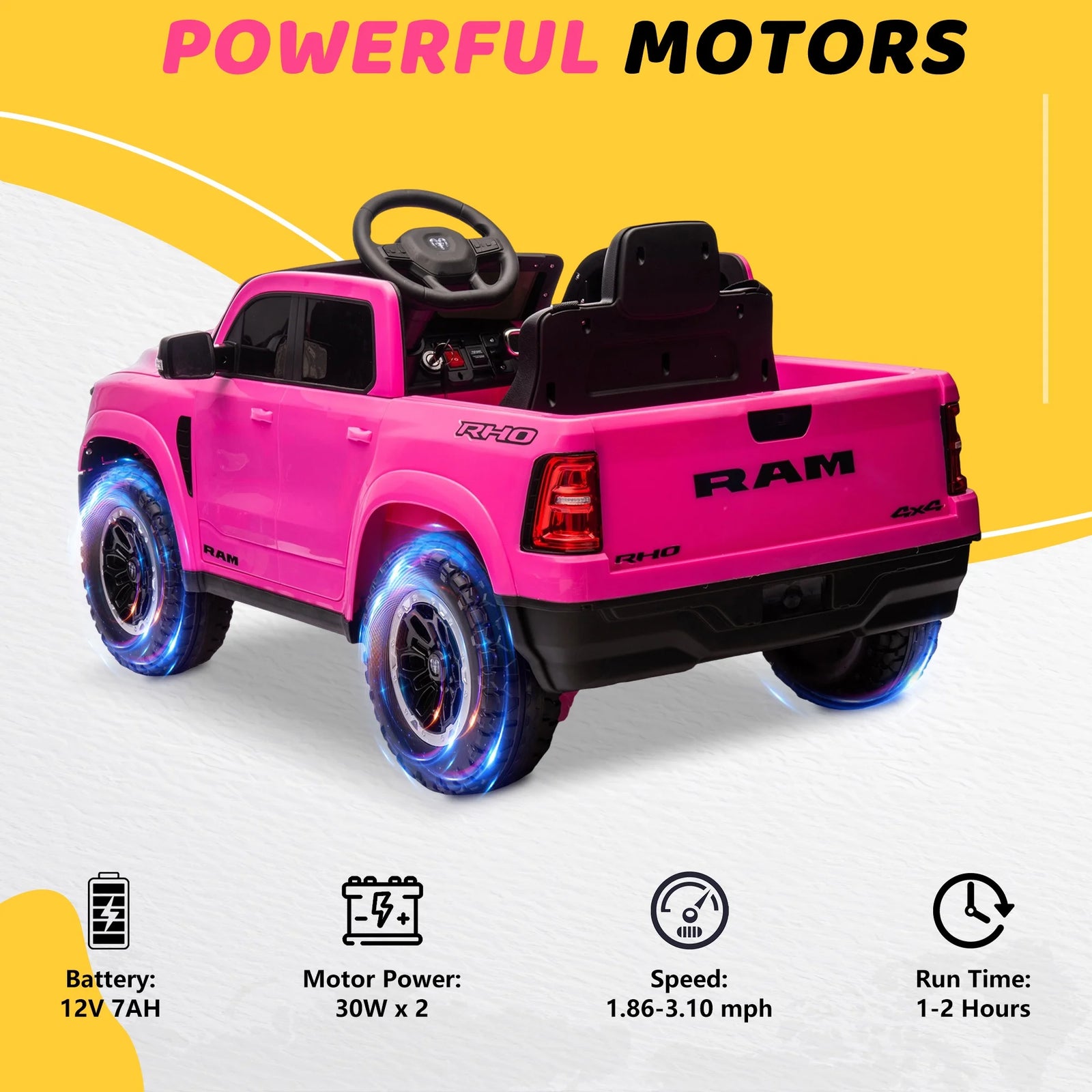 Dodge RAM Ride on Car, 12V Powered Ride on Toy with Remote Control, 4 Wheel Suspension, 5 Point Safety Belt, MP3 Player, Bluetooth, LED Lights, Electric Cars for 3-8 Years Boys Girls