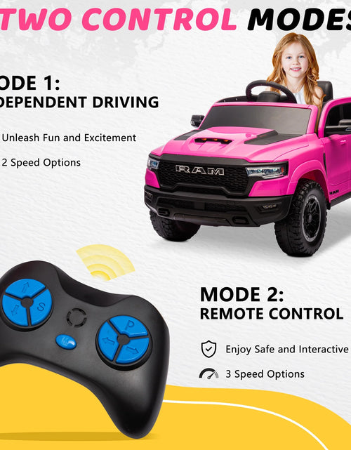 Load image into Gallery viewer, Dodge RAM Ride on Car, 12V Powered Ride on Toy with Remote Control, 4 Wheel Suspension, 5 Point Safety Belt, MP3 Player, Bluetooth, LED Lights, Electric Cars for 3-8 Years Boys Girls
